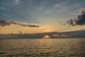 Sunset in mediterranean sea at Riomaggiore village in Cinque Terre, Italy Royalty Free Stock Photo