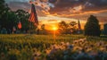 Sunset Memorial: American Flags on Veterans\' Graves at National Cemetery - Generative AI Captured Tribute for Memorial Day Royalty Free Stock Photo