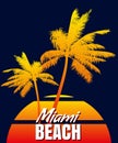 Sunset Miami Beach summer print t-shirt design. Poster palm tree silhouettes, gradient, typorgaphy. Vector illustration Royalty Free Stock Photo