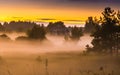Sunset and mist in a countryside Royalty Free Stock Photo