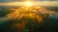 Sunset with misty fog covering tree tops and hills, AI-generated. Royalty Free Stock Photo