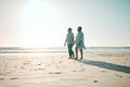 Sunset, mockup and an old couple walking on the beach, holding hands during a romantic date together. Love, nature or Royalty Free Stock Photo