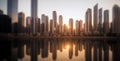 Sunset in a modern city scene. Defocused image of a cityscape skyline, the sunlight between a row of tall buildings, towers Royalty Free Stock Photo