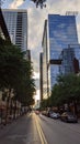 Sunset between modern skyscrapers in downtown Austin