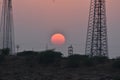 Beautiful Sunset with modern windmill in thar desert jaisalmer Rajasthan India Royalty Free Stock Photo