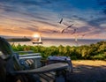 Sunset montage with sailboats flock of birds before the Saint Lawrence Seaway