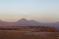 Sunset at the Moon Valley Valle de la Luna with the Licancabur volcano, Atacama, Chile Royalty Free Stock Photo