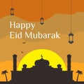 Sunset mosque silhouette happy eid mubarak greeting image vector illustration Royalty Free Stock Photo