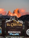 Sunset at Mount Fitz Roy from El Chalten in argentinian Patagonia. Glaciers National Park With detail of the Welcome poster