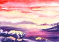 Sunset mountain lake, bright colors. Pink purple earth, Golden setting sun fabulous island late twilight. Hand drawn watercolor la Royalty Free Stock Photo