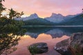 Sunset on mountain lake. Siberian nature reserve. Quiet and calm evening on the shore of the reservoir without people