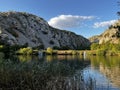 sunset mountain lake with small waterfalls, soft ligh, mirroring like in glass mountain in water. Croatia, Krnjeza in Kanyon, in Royalty Free Stock Photo