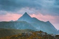 Sunset mountain landscape in Norway travel scandinavian nature scenery Lofoten islands Royalty Free Stock Photo