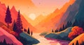 Sunset in Mountain landscape vector art background