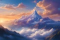 Sunset mountain peaks poking out of the clouds, creating an enchanting landscape along mountain pathways Royalty Free Stock Photo