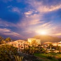 Sunset in mountain of Puerto de la Cruz, Tenerife, Spain. Tourist hotel Resort. Sunset