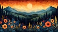 Sunset mountain range, wildflowers, forest, art print Royalty Free Stock Photo