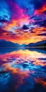 Sunset in the mountains with bright colors of heaven and reflection in the lake