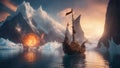 sunset in the mountains A fantasy boat sailing near a glacier of fire,