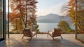 sunset mountains lake wooden patio with two armchairs, relax in outdoor and autumn nature concept