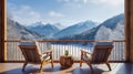 sunset mountains lake wooden patio with two armchairs, relax in outdoor and winter nature
