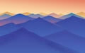 Sunset in the mountains. Layered landscape. Fog in the swiss valley and Austrian Alps. Vector illustration Background