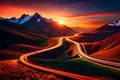 Sunset in the mountains with light trail of vehicles in the road Royalty Free Stock Photo