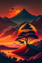 sunset in the mountains. A Majestic Sunset Over the Mountain Landscape illustration with tree cloud sun sky Royalty Free Stock Photo