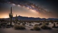 sunset in the mountains night sky filled with stars and nebulae over a desert landscape. The milky way stretches across Royalty Free Stock Photo