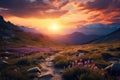 Sunset in the mountains with pink flowers in the foreground. Beautiful landscape, beautiful sunset in the mountains. Sunset at the Royalty Free Stock Photo