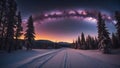 sunset in the mountains road leading towards colorful sunrise between snow covered trees with epic milky way on the sky Royalty Free Stock Photo