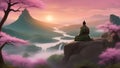 sunset in the mountains A serene scene with a samurai meditating on a rock. The samurai is wearing green and brown armor, Royalty Free Stock Photo