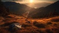 A sunset in the mountains with the sun setting behind it Generative AI