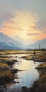 Sunset Mountains And Water Native American Inspired Oil Painting