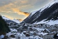 Sunset in mountains. Winter evening in ski resort Ischgl in Tyrol Alps
