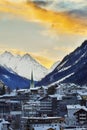 Sunset in mountains. Winter evening in ski resort Ischgl in Tyrol Alps