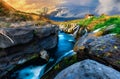 Sunset at Mt.Fuji with a small waterfall in rural village in Fujinomiya, Shizuoka, Japan