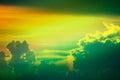 sunset multicolor cloud back on dark silhouette sky and fishing boat on sea