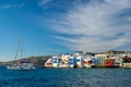 Sunset in Mykonos, Greece, with cruise ship and yachts in the harbor Royalty Free Stock Photo