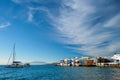 Sunset in Mykonos, Greece, with cruise ship and yachts in the harbor Royalty Free Stock Photo