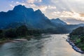 Sunset on Nam Ou River in Nong Khiaw, Laos Royalty Free Stock Photo