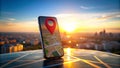 Sunset Navigation Smartphone Map App with Red Pin Location Marker on Cityscape Background