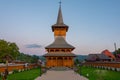 Sunset of a new wooden church in Breb, Romania