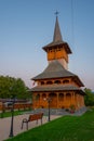 Sunset of a new wooden church in Breb, Romania