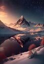 Sunset and sky above abstract alpine mountain landscape with peaks covered by snow and clouds made with generative AI Royalty Free Stock Photo