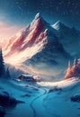 Sunset and night sky above abstract alpine mountain landscape with peaks covered by snow and clouds made w Royalty Free Stock Photo