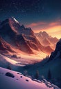 Sunset and night sky above abstract mountain landscape with peaks covered by snow and clouds made with generative AI Royalty Free Stock Photo