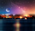 Sunset at night ,starry sky nebula and big moon on sea on horizon city light blurred light 3 d illustration