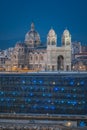 Sunset and night view over MUCEM and Marseille Cathedral, Marseille, France