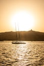 Sunset Nile Aswan and the West Bank with Tombs Old Kingdom Qubbet el-Hawa - `Dome of the Winds` at the crest of the hill Royalty Free Stock Photo